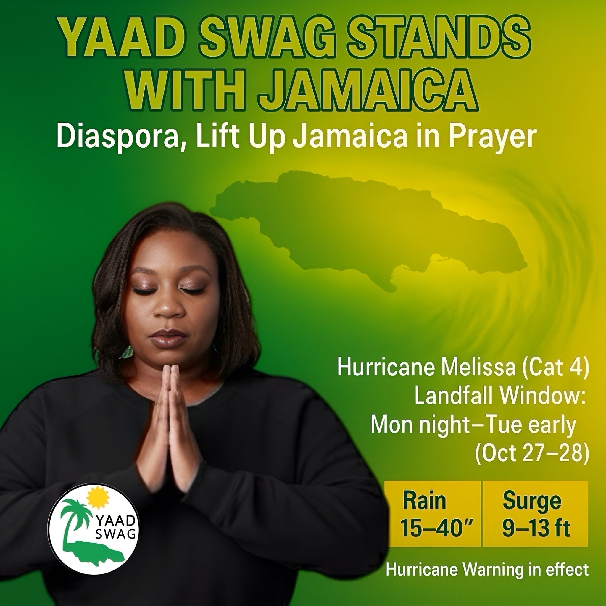 A woman praying with hands clasped before a glowing map of Jamaica, symbolizing unity and faith as Hurricane Melissa approaches.
