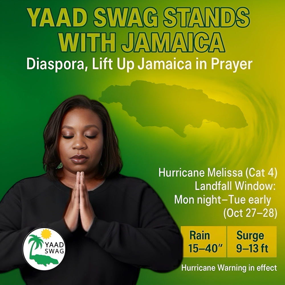A woman praying with hands clasped before a glowing map of Jamaica, symbolizing unity and faith as Hurricane Melissa approaches.